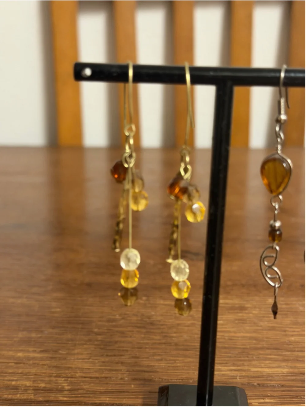 2 Pair Long Dangle Earrings Amber Brown Beaded Gold Silver Tone Boho Jewelry